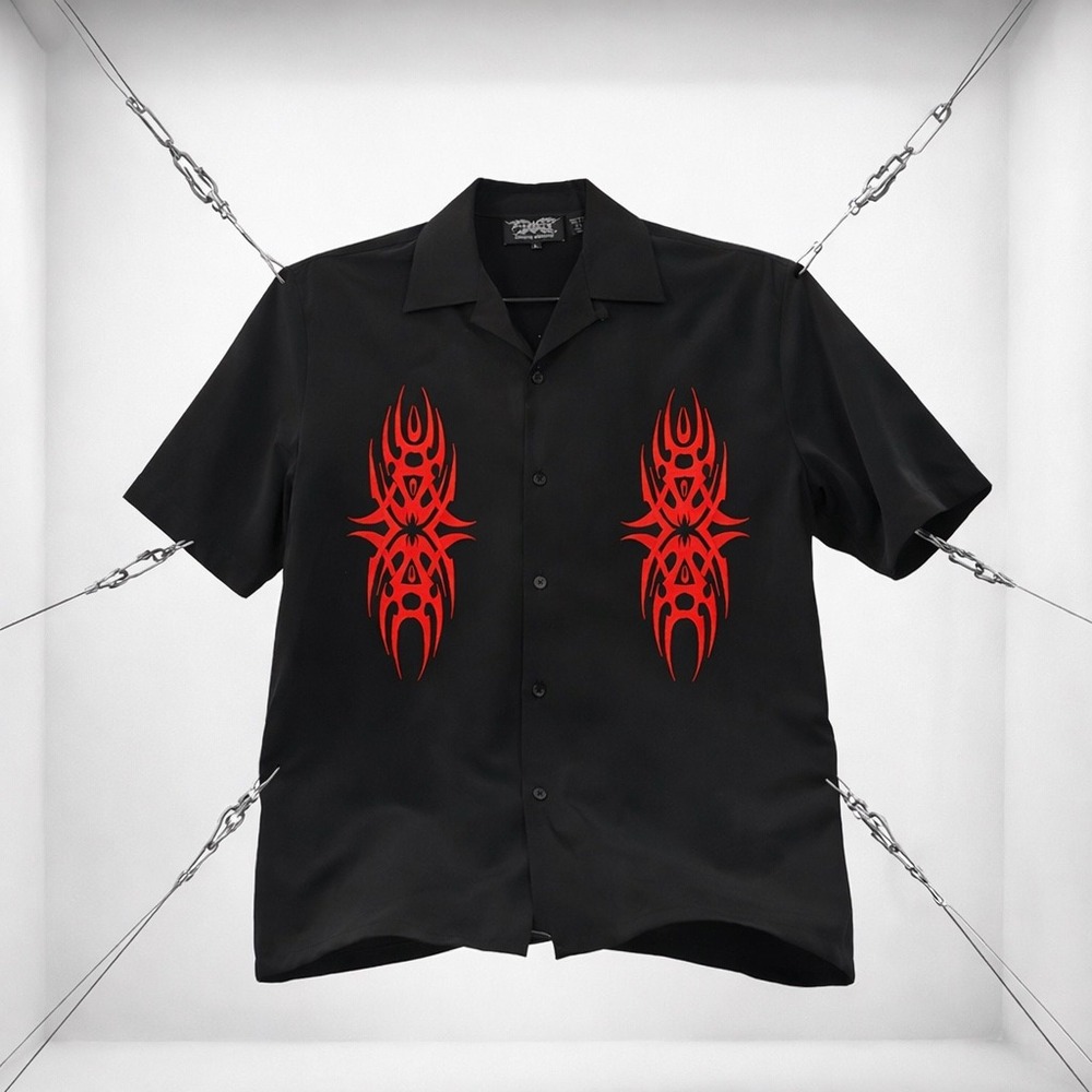 Y2K Dragonfly Clothing Shirt Men Large Red Black‎ Tribal Embroider Button Street